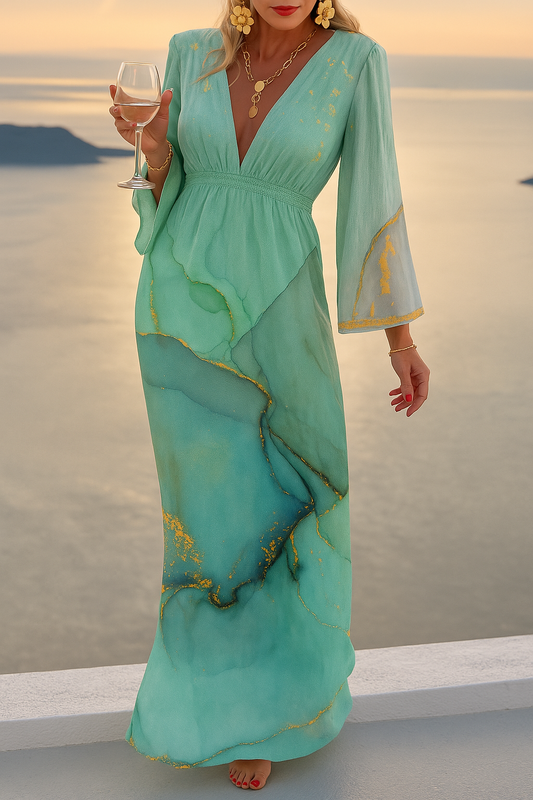 Elegante maxi-jurk met vloeiende mouwen en print | Eline