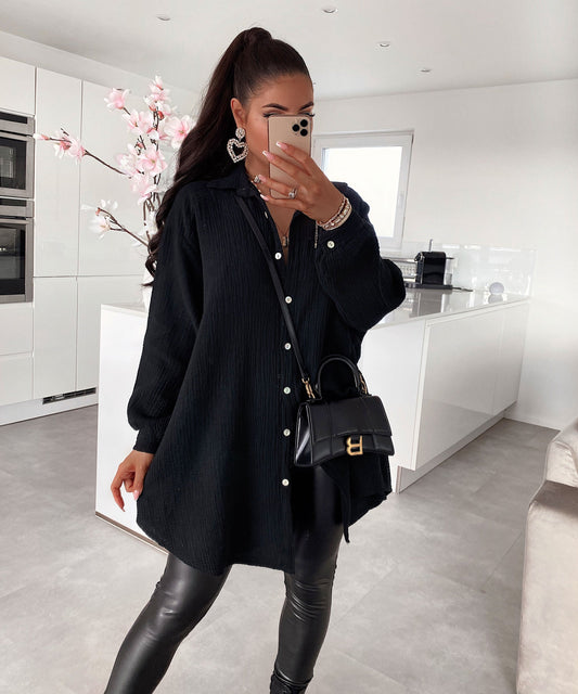 Lange Oversized Mousseline Blouse Zwart | Fenne