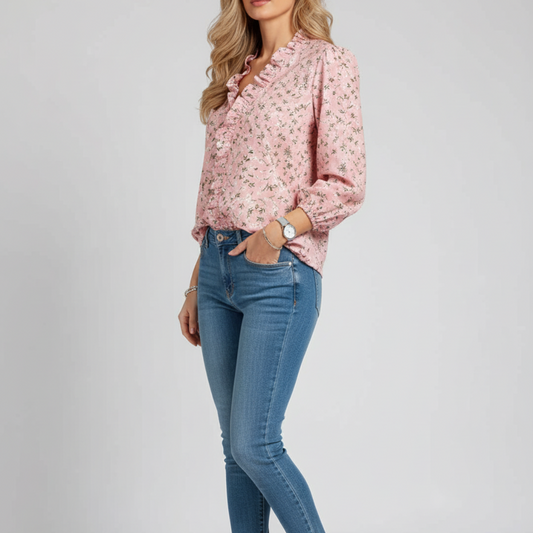 Top met V-hals en lange mouwen en ruches | Jeltje