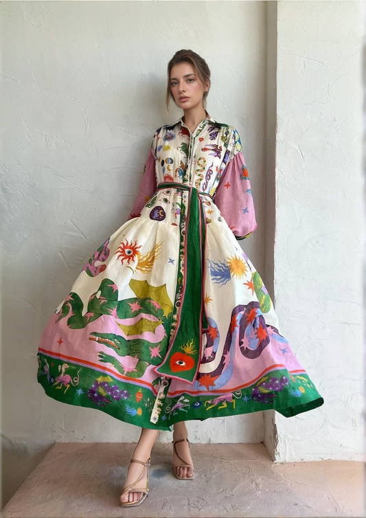 Bedrukte Fit-and-Flare Linnen Maxi-jurk | Jana